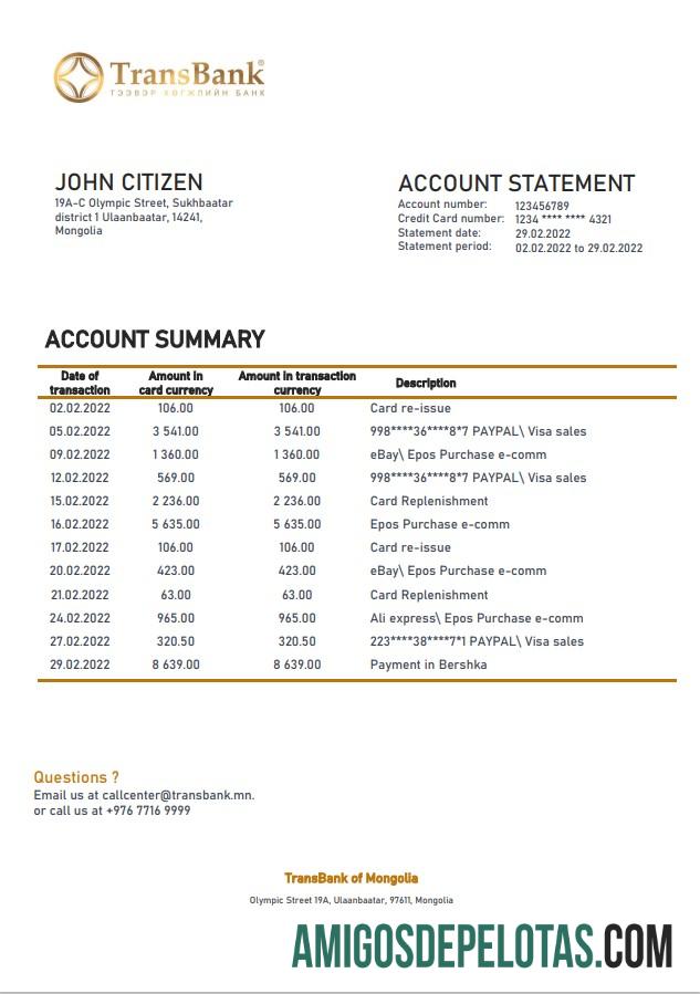Mongolia Transextrato bancário amostra